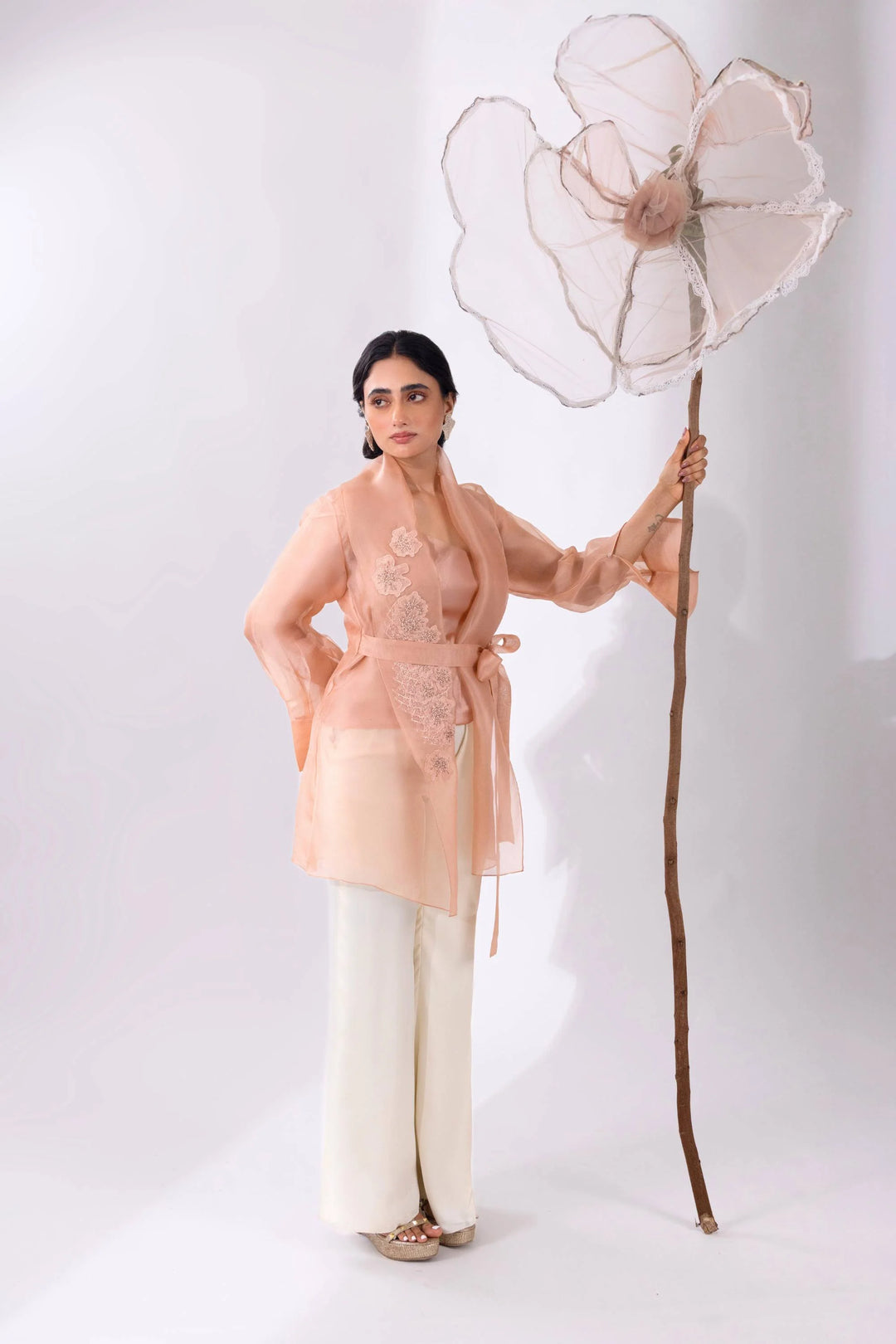 Peach Overlay Organza Jacket With Pant