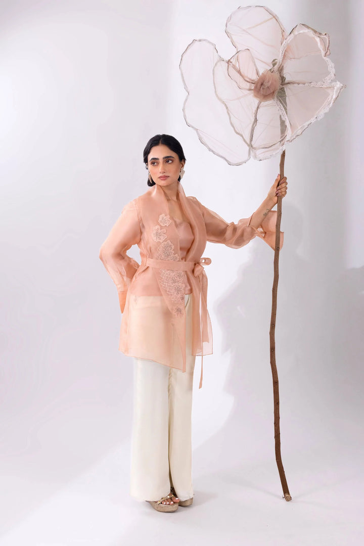 Peach Overlay Organza Jacket With Pant