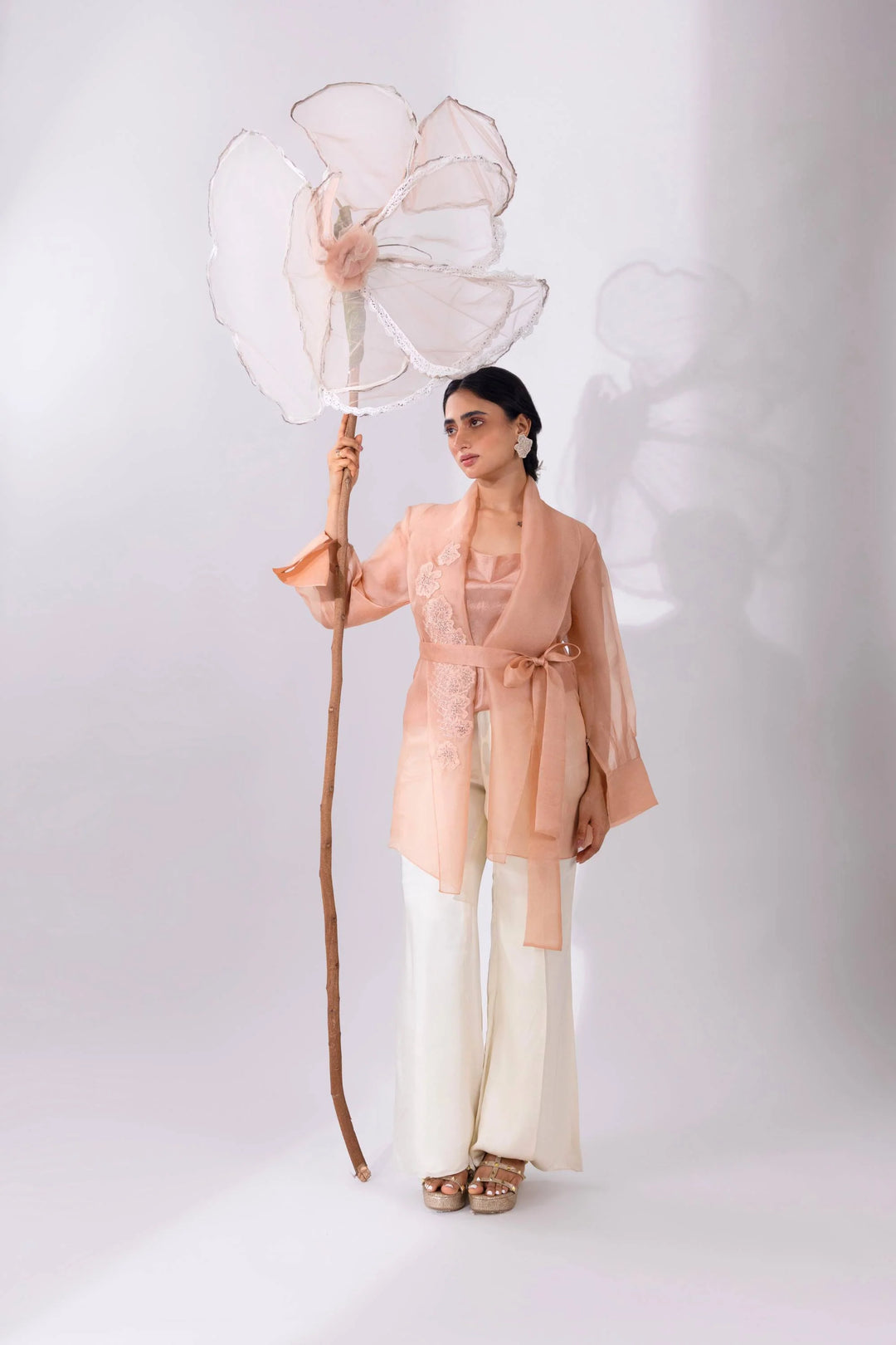 Peach Overlay Organza Jacket With Pant