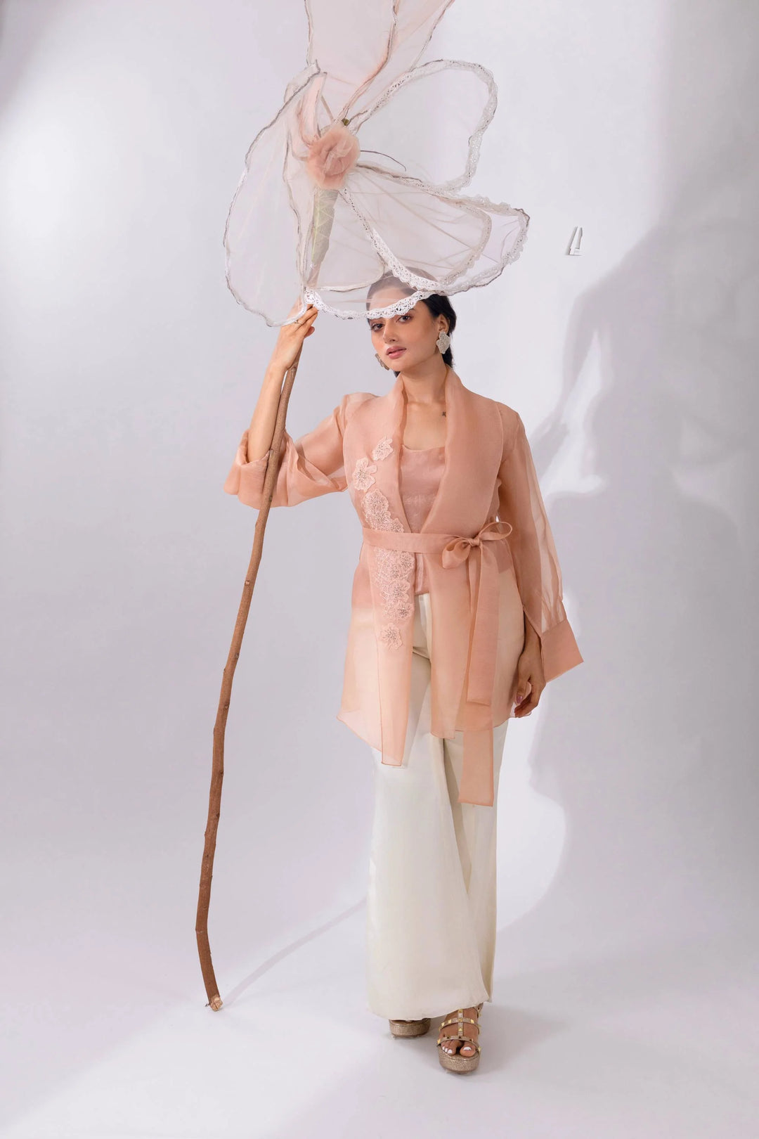 Peach Overlay Organza Jacket With Pant