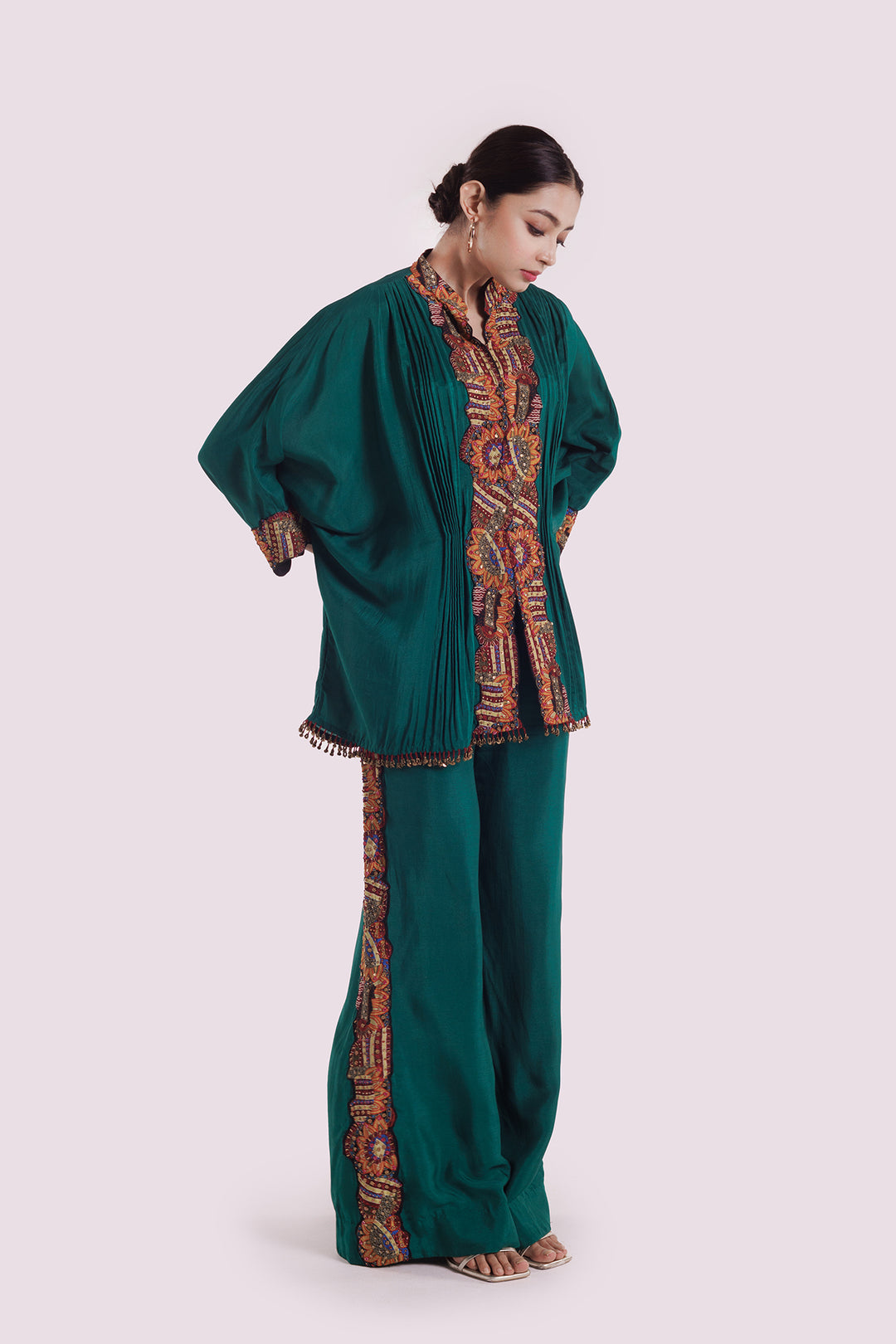 Panel embroidered silk co-ord set