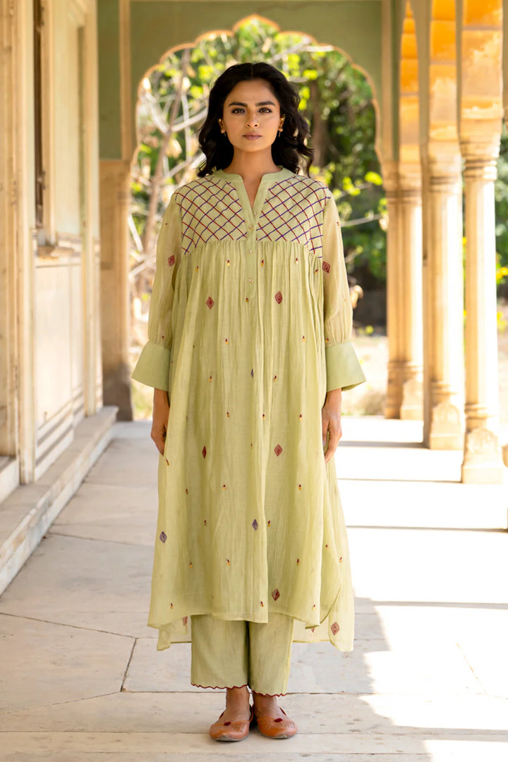 Pastel Green Gathered Dress Set