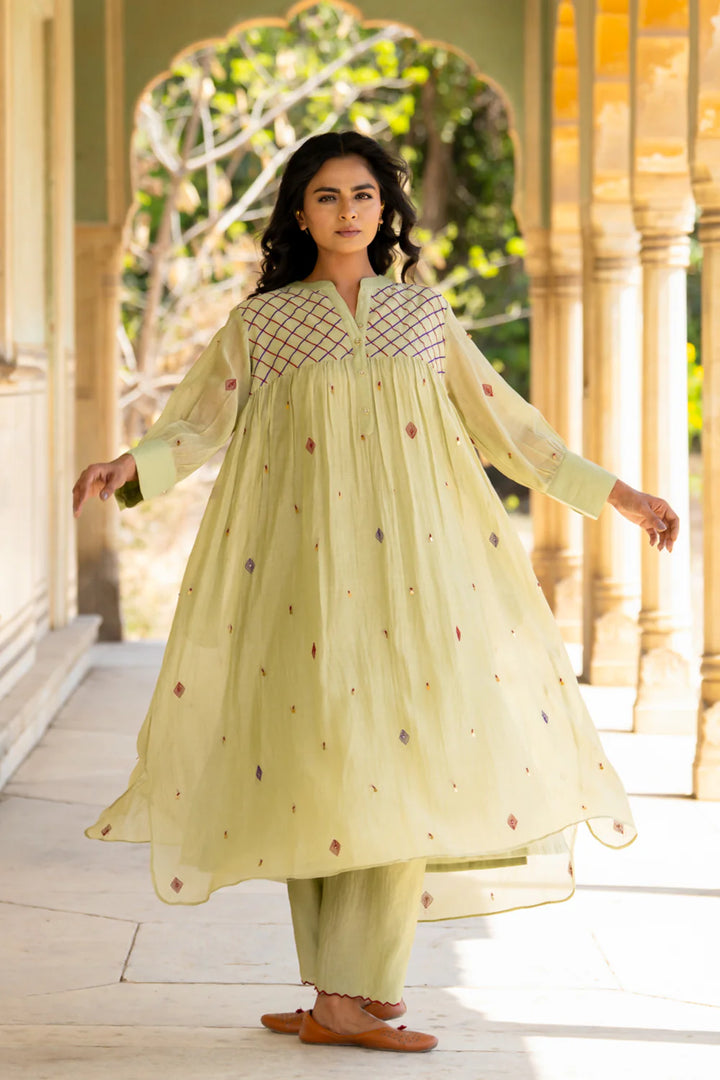 Pastel Green Gathered Dress Set