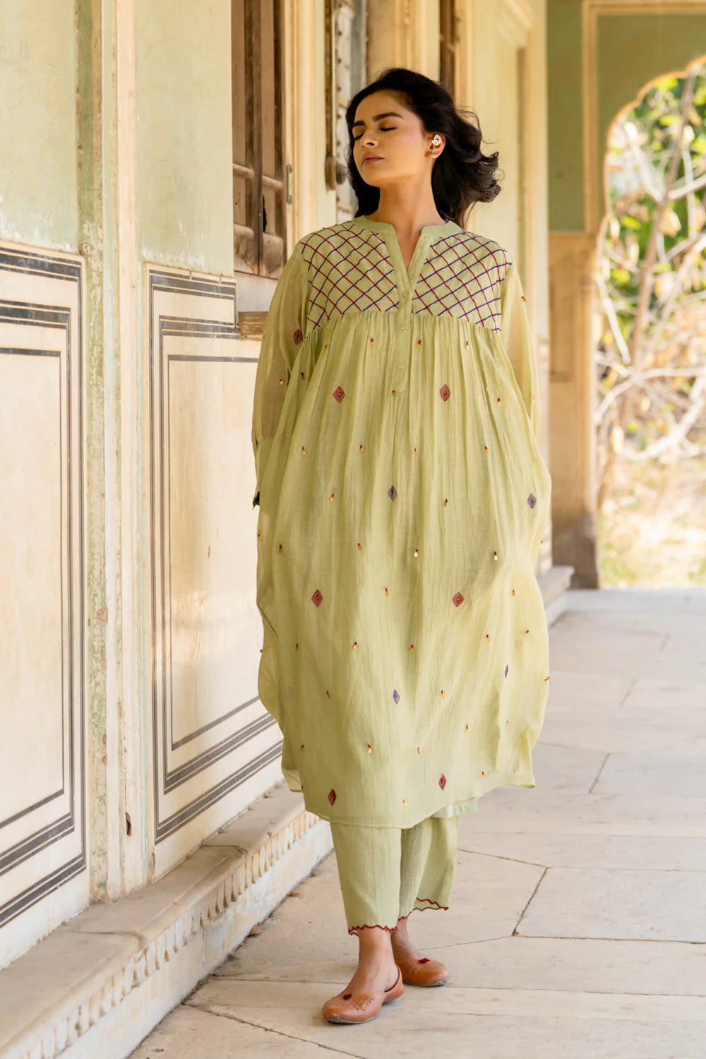 Pastel Green Gathered Dress Set