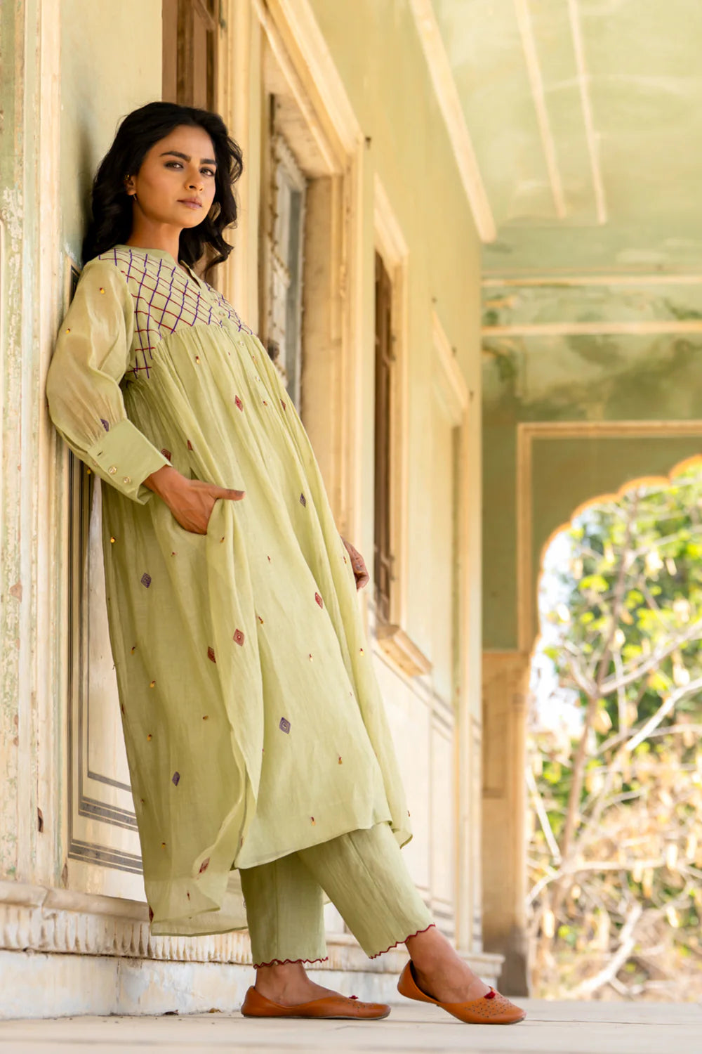 Pastel Green Gathered Dress Set