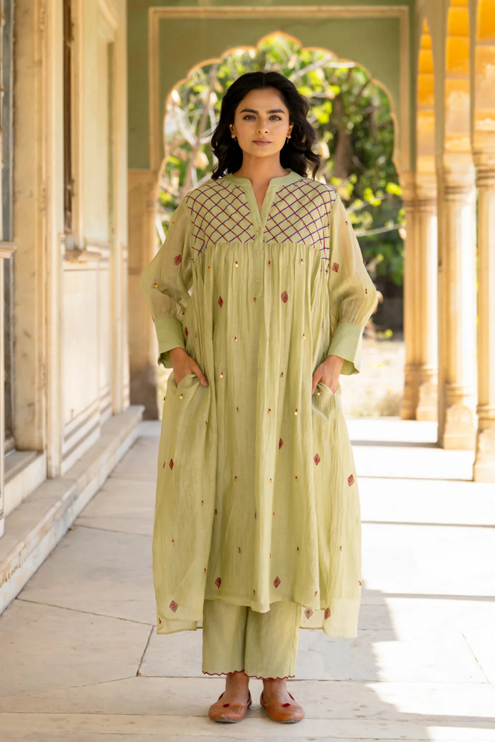 Pastel Green Gathered Dress Set