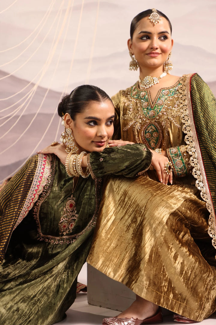 Plush Green Velvet Kalidar Kurta with Mughal Yoke & Maroon Velvet Salwar