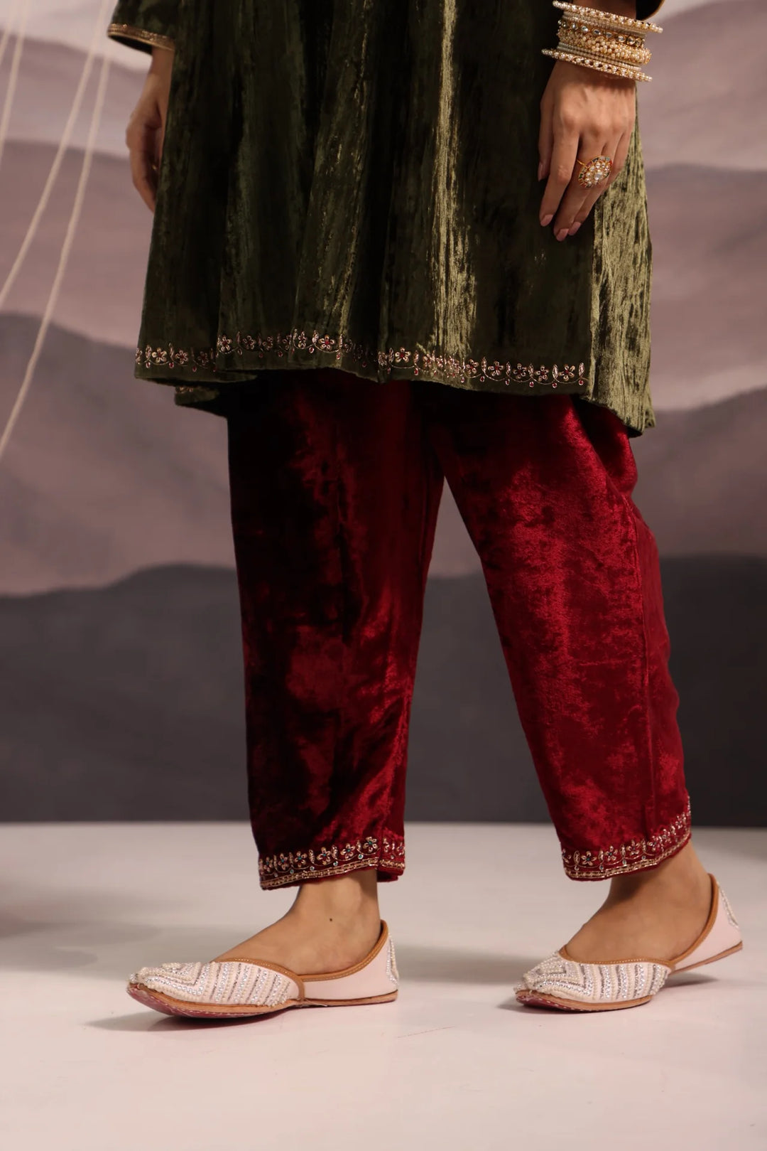 Plush Green Velvet Kalidar Kurta with Mughal Yoke & Maroon Velvet Salwar