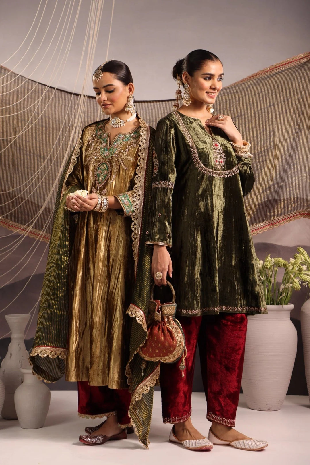 Plush Green Velvet Kalidar Kurta with Mughal Yoke & Maroon Velvet Salwar