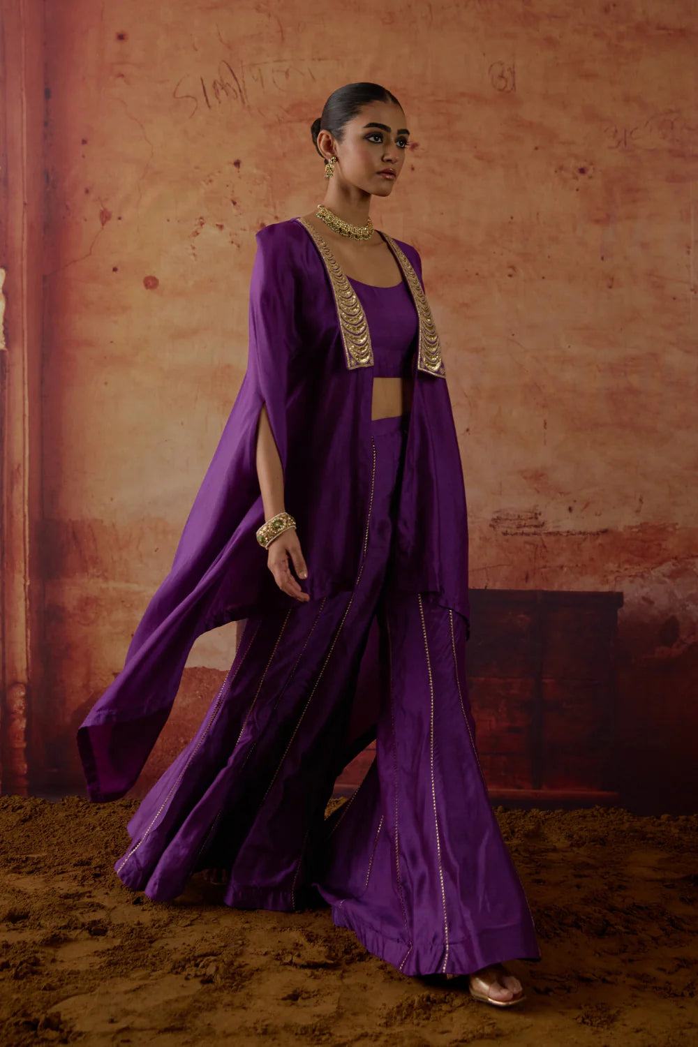 Purple Hand embroidered Cape Set