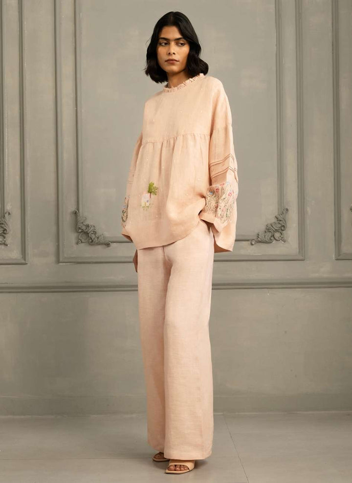 Old Rose Top in Gauze Linen With Embroidery and Flared Pants in Linen