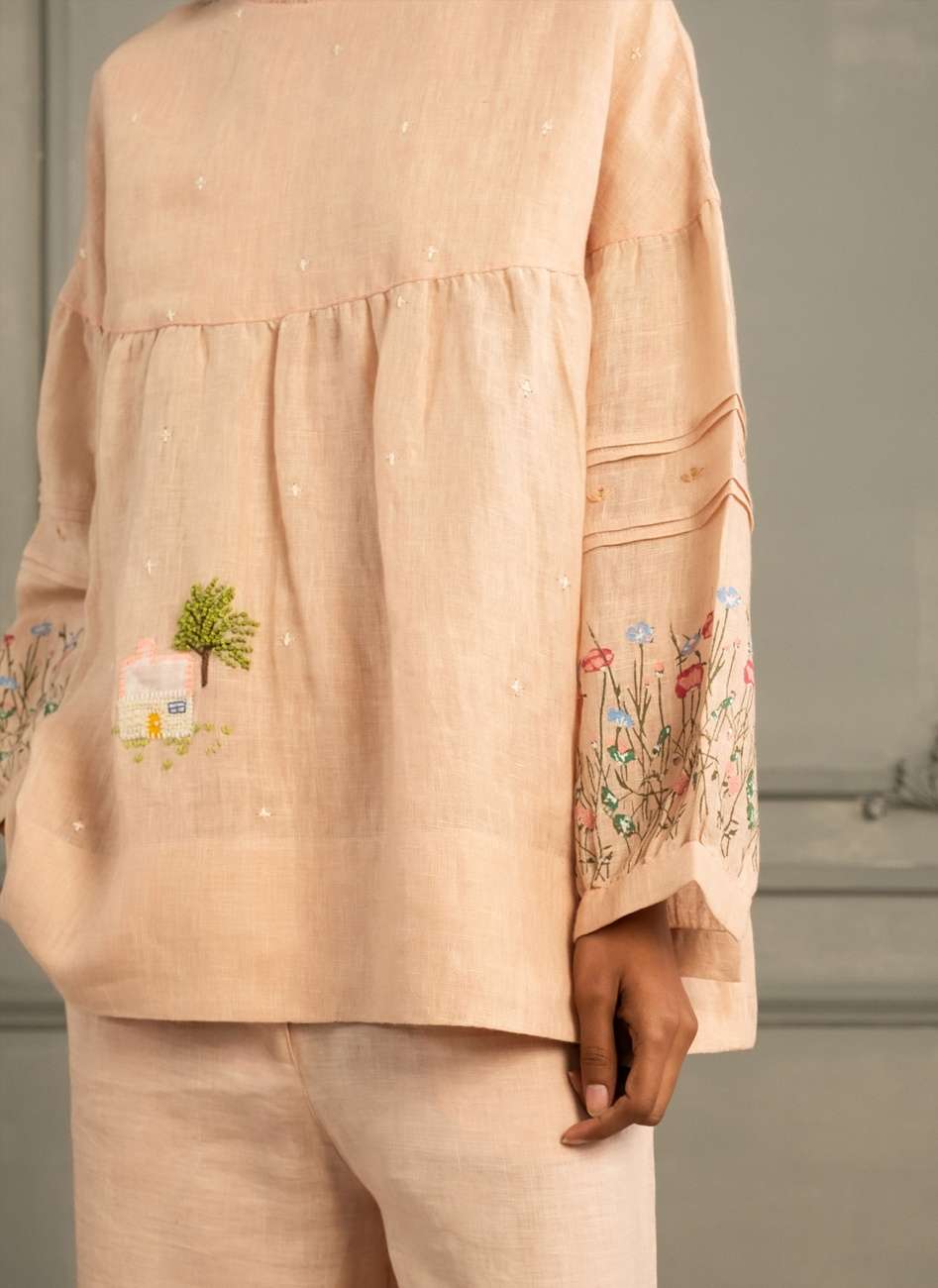 Old Rose Top in Gauze Linen With Embroidery and Flared Pants in Linen