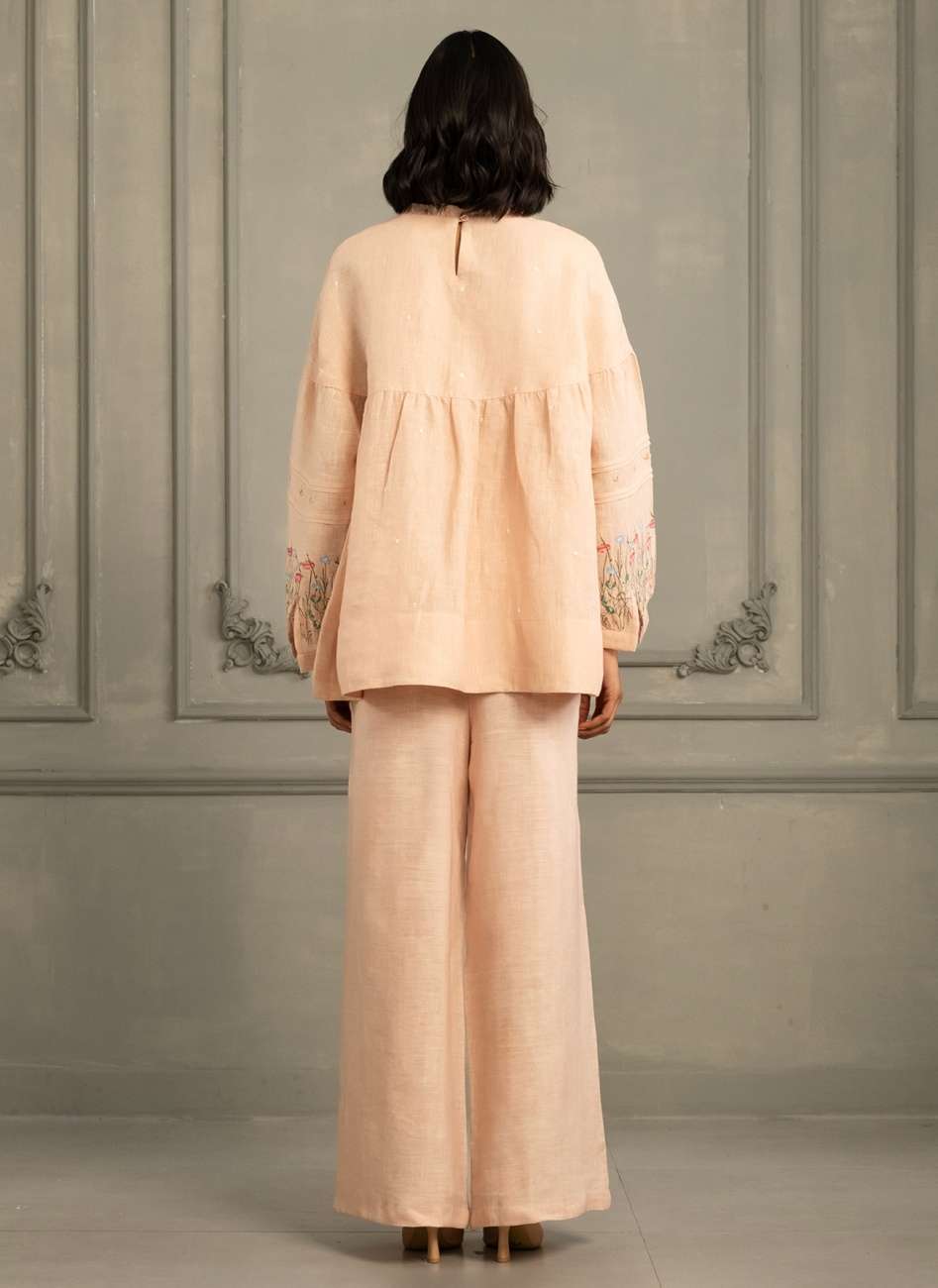 Old Rose Top in Gauze Linen With Embroidery and Flared Pants in Linen