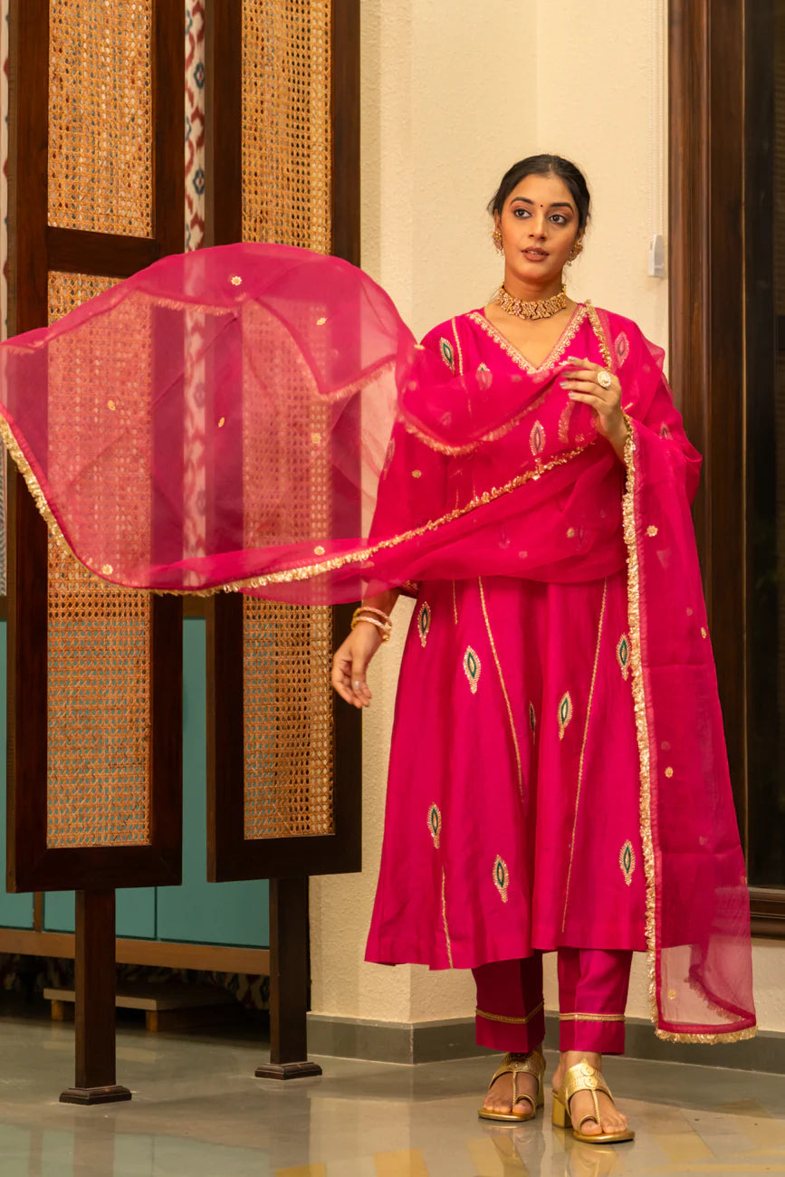Pink Mor booti A-line Kurta Set