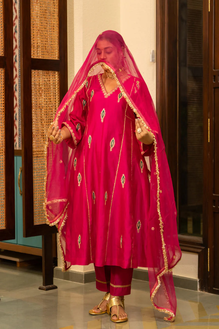 Pink Mor booti A-line Kurta Set