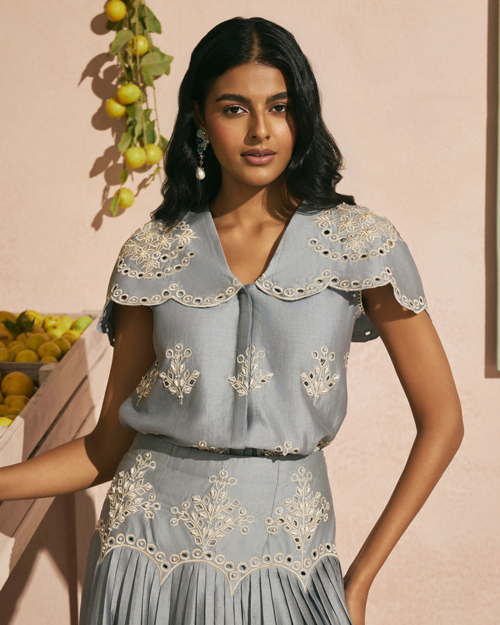 Powder Blue Contrast Cutwork Shirt