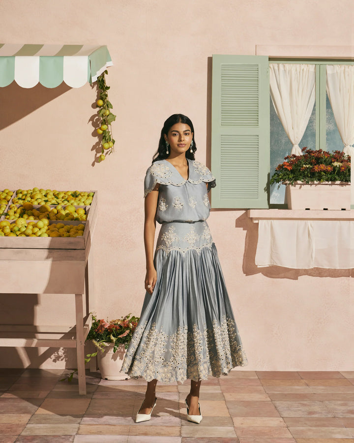 Powder Blue Contrast Cutwork Pleated Skirt