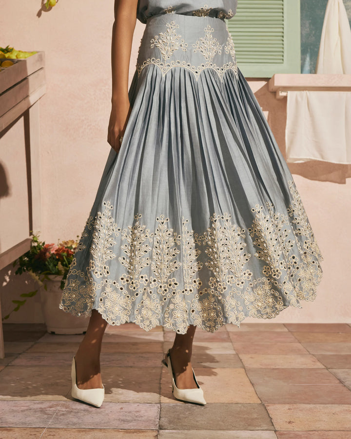 Powder Blue Contrast Cutwork Pleated Skirt