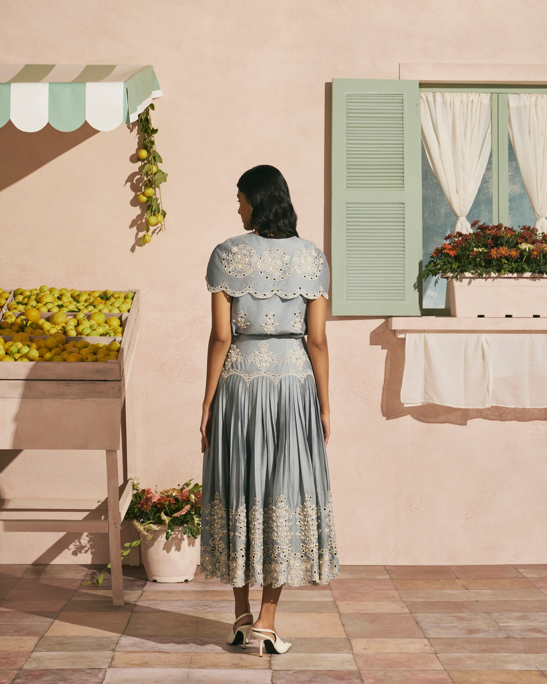 Powder Blue Contrast Cutwork Pleated Skirt