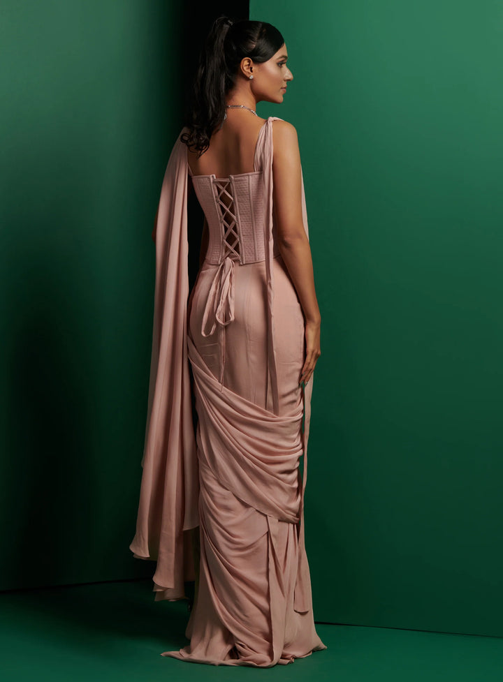 Pastel Pink Cowl Neck Corset With Drape Saree And Embellished Cape