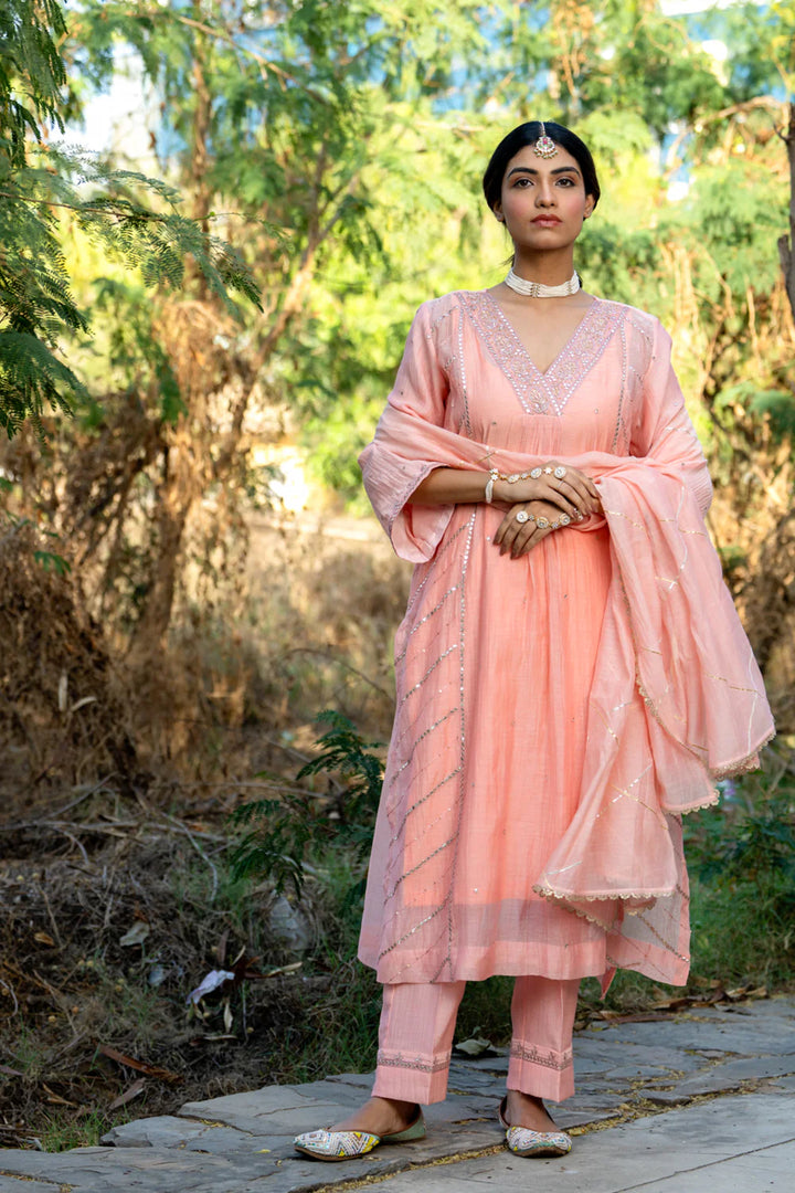 Pastel Peach Gota Patti A-line Kurta Set