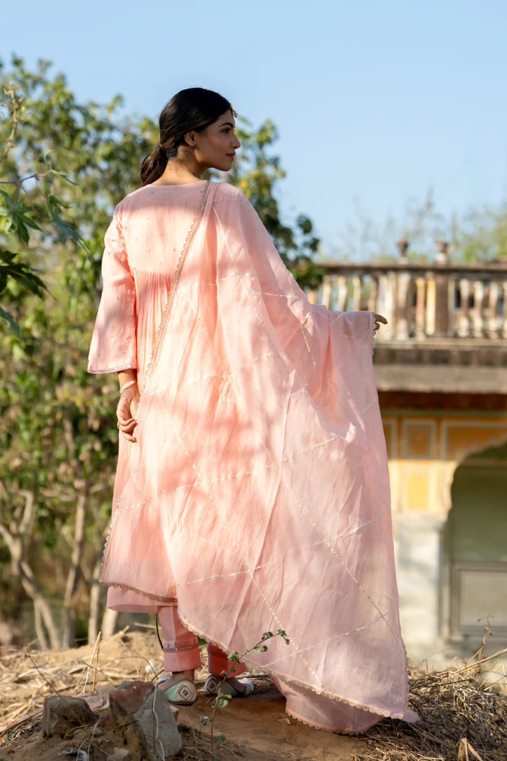 Pastel Peach Gota Patti A-line Kurta Set