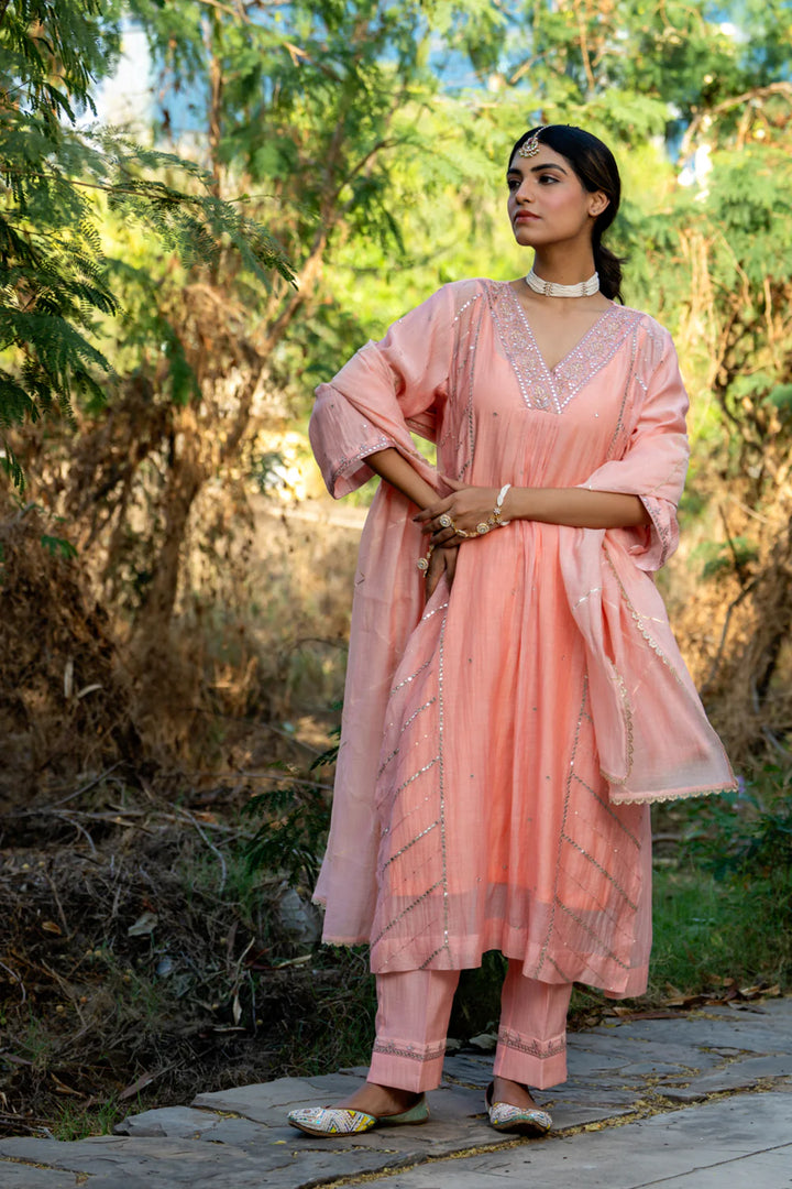 Pastel Peach Gota Patti A-line Kurta Set