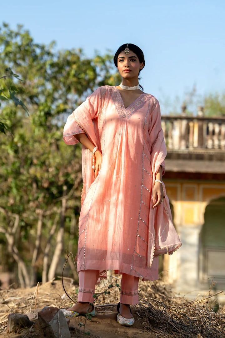 Pastel Peach Gota Patti A-line Kurta Set