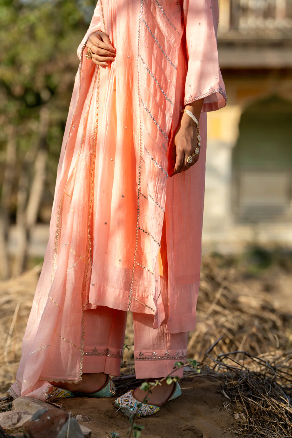 Pastel Peach Gota Patti A-line Kurta Set