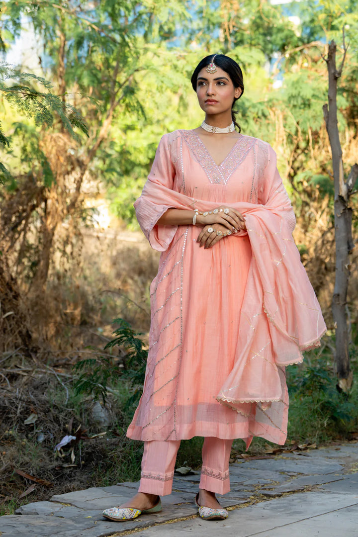 Pastel Peach Gota Patti A-line Kurta Set