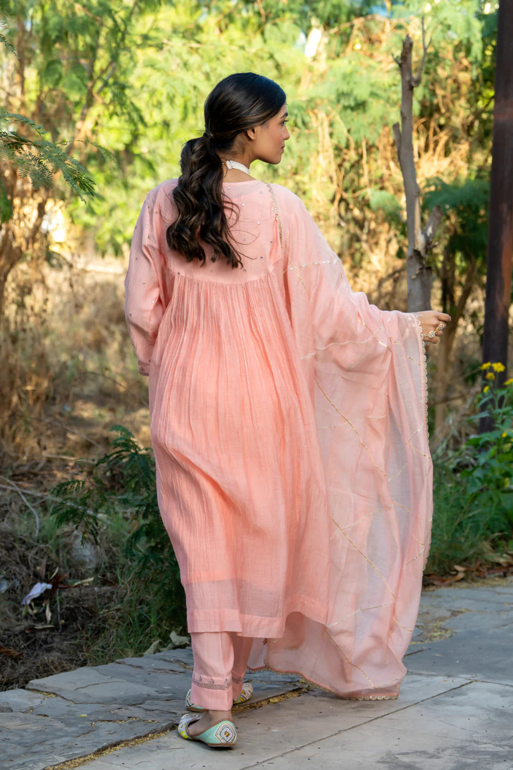 Pastel Peach Gota Patti A-line Kurta Set
