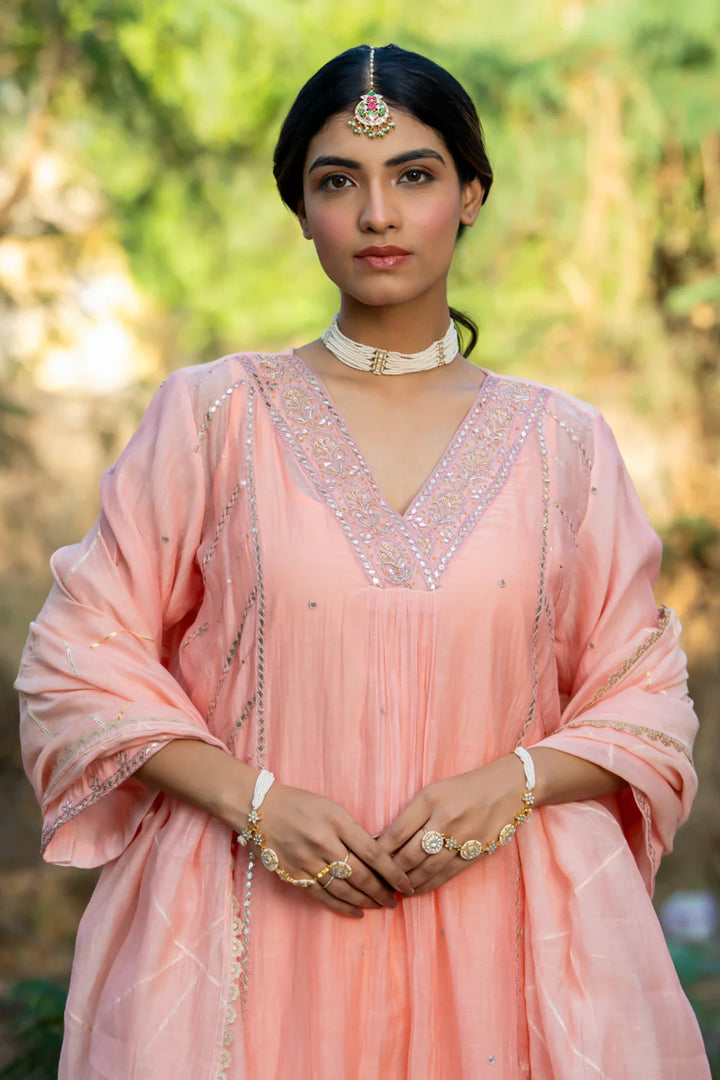 Pastel Peach Gota Patti A-line Kurta Set