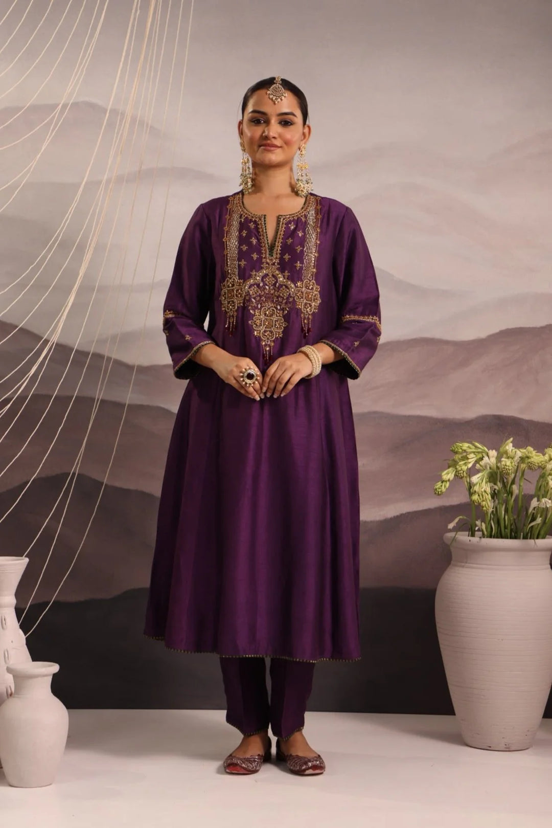 Purple Silk Kurta Set with Hand-Embroidered Yoke & Beaded Tassels