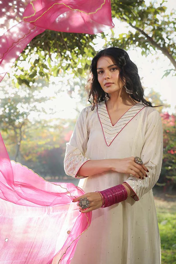 Pearl White Sequinn Side Panel Kurta Set