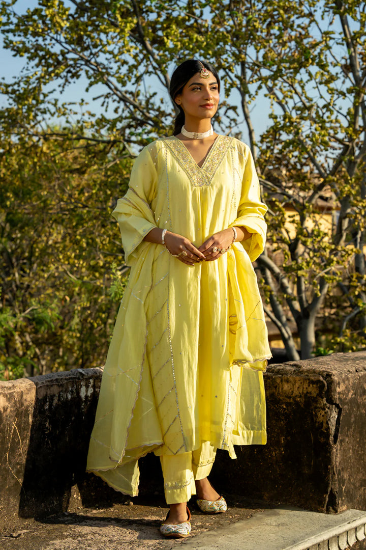 Pastel Yellow Gota Patti A-line Kurta Set