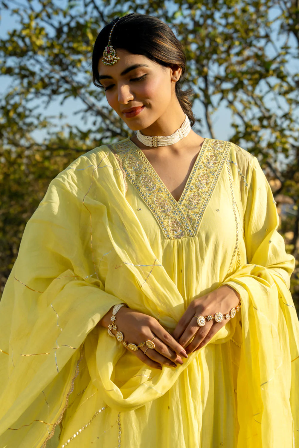 Pastel Yellow Gota Patti A-line Kurta Set