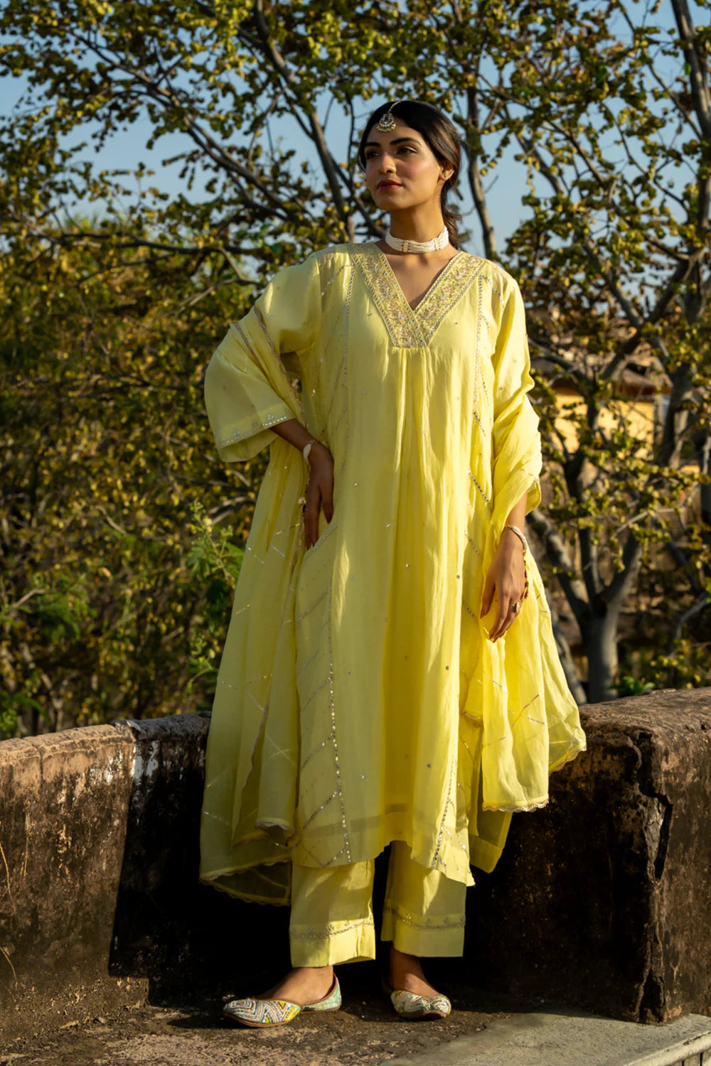 Pastel Yellow Gota Patti A-line Kurta Set
