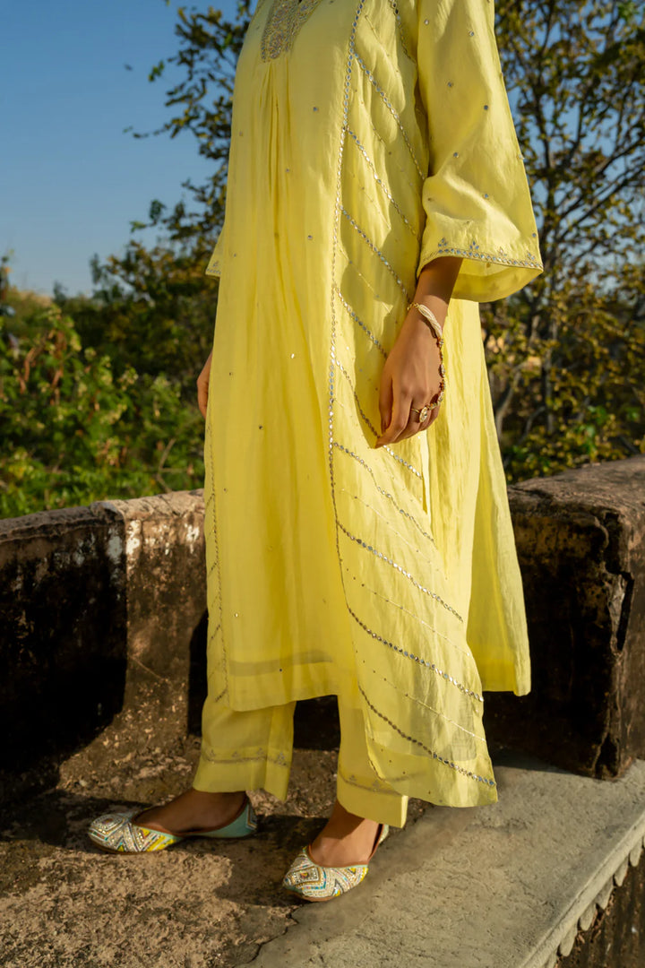 Pastel Yellow Gota Patti A-line Kurta Set