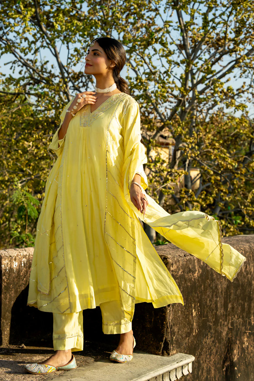 Pastel Yellow Gota Patti A-line Kurta Set