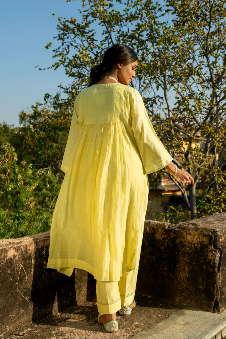 Pastel Yellow Gota Patti A-line Kurta Set