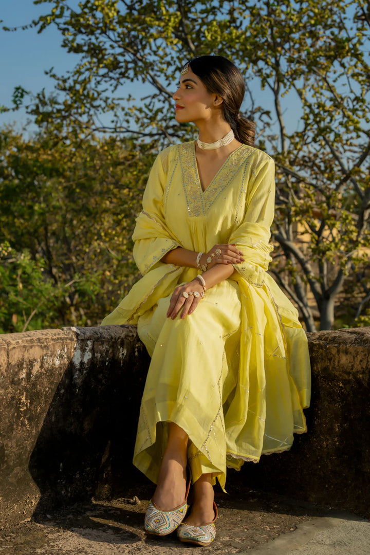 Pastel Yellow Gota Patti A-line Kurta Set