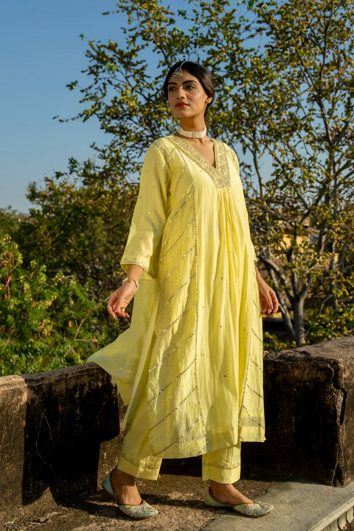 Pastel Yellow Gota Patti A-line Kurta Set