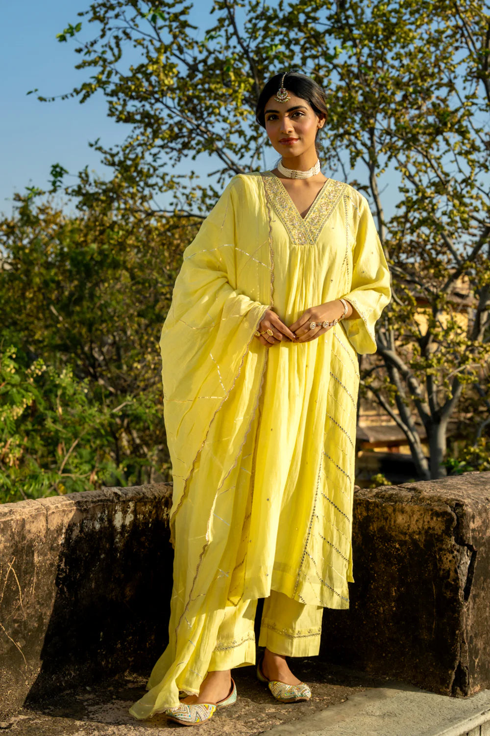 Pastel Yellow Gota Patti A-line Kurta Set