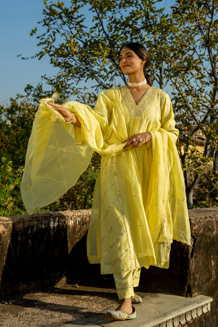 Pastel Yellow Gota Patti A-line Kurta Set