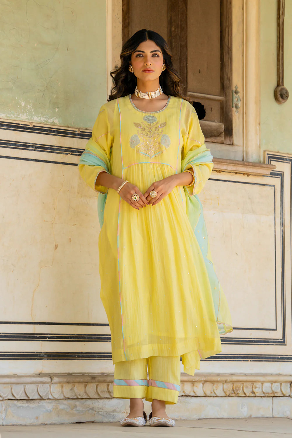 Pastel Yellow Poppy Motif A-line Kurta Set