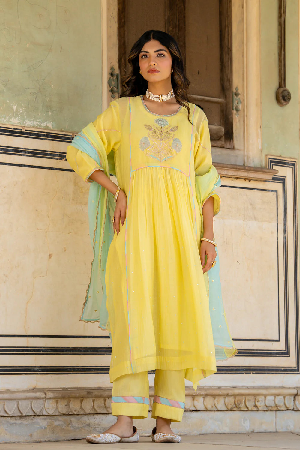 Pastel Yellow Poppy Motif A-line Kurta Set