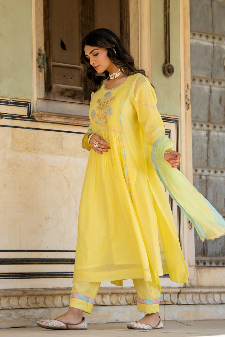 Pastel Yellow Poppy Motif A-line Kurta Set