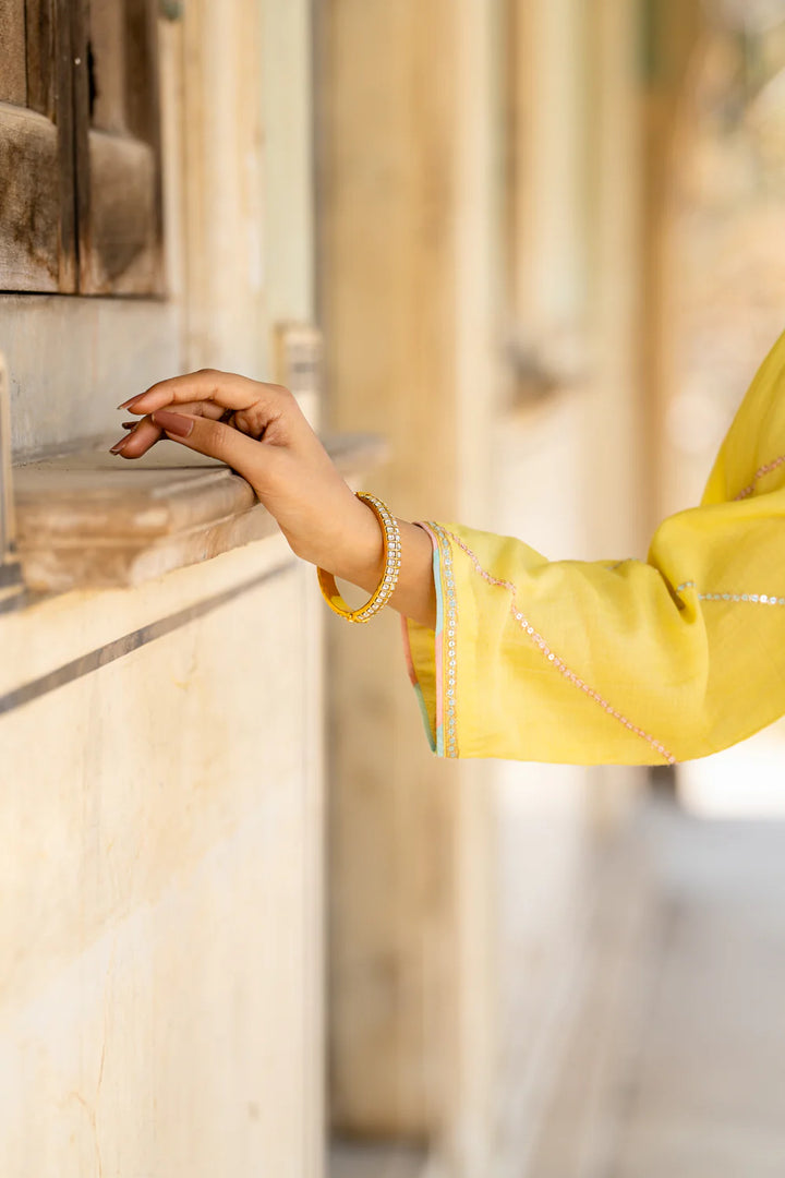 Pastel Yellow Poppy Motif A-line Kurta Set