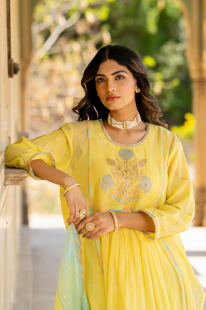 Pastel Yellow Poppy Motif A-line Kurta Set