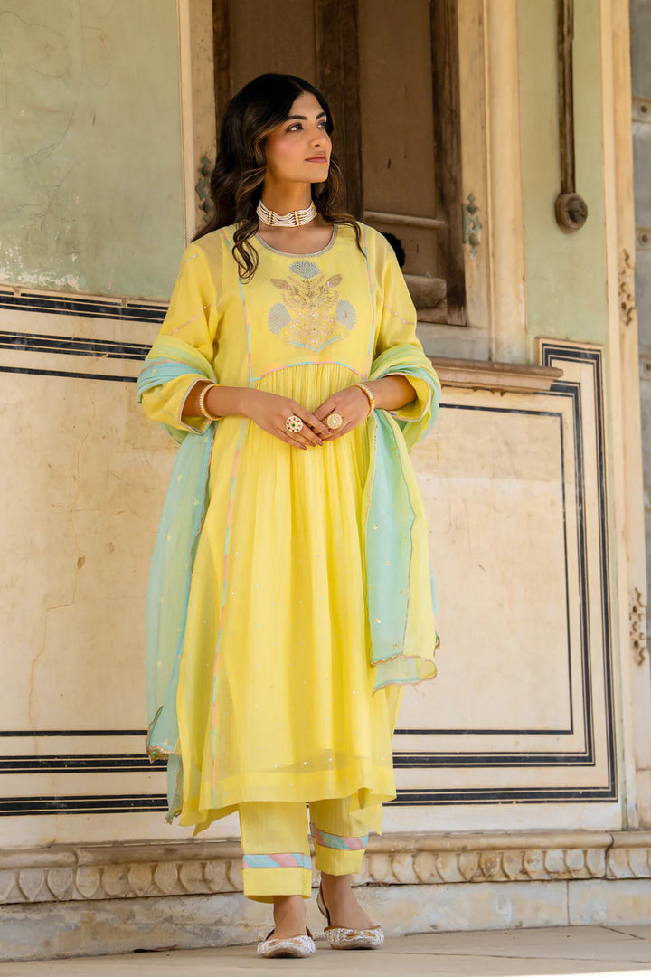 Pastel Yellow Poppy Motif A-line Kurta Set